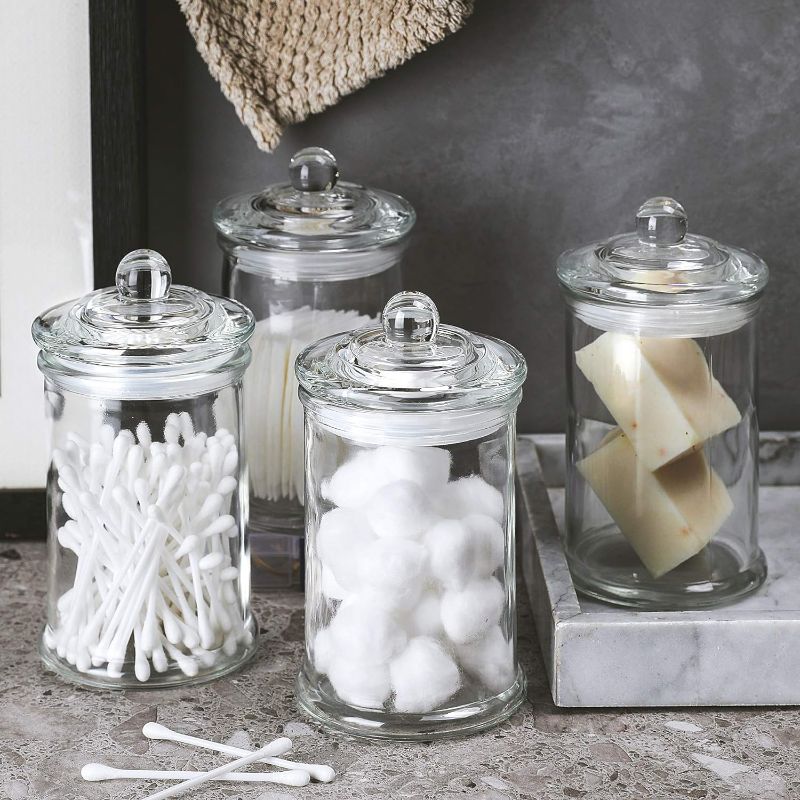 Photo 3 of WHOLE HOUSEWARES | Glass Apothecary Jars Bathroom Storage Organizer Canisters For Cotton Swabs, Cotton Balls, Makeup Sponges, Bath Salts, Hair Ties, Makeup | (D3.1" XH5.7")
