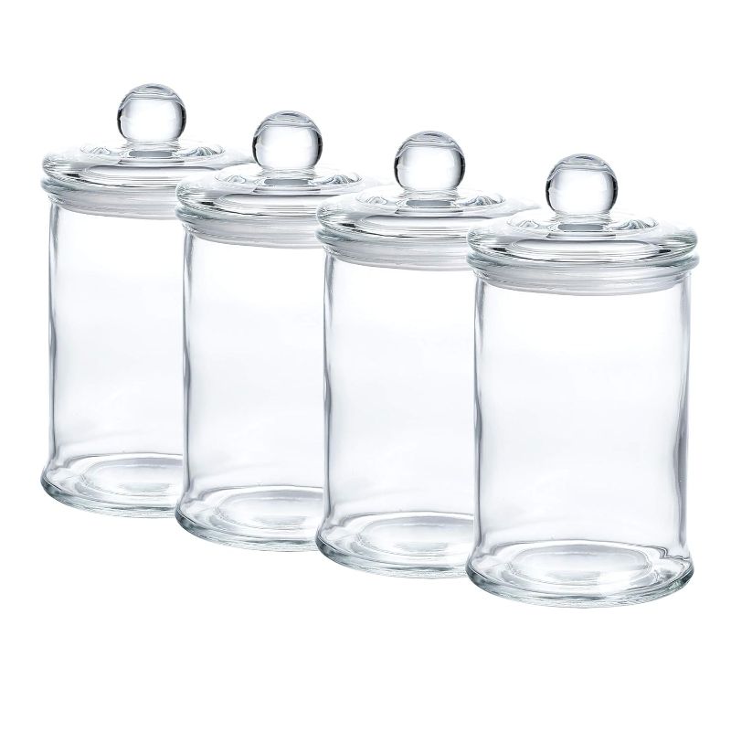 Photo 1 of WHOLE HOUSEWARES | Glass Apothecary Jars Bathroom Storage Organizer Canisters For Cotton Swabs, Cotton Balls, Makeup Sponges, Bath Salts, Hair Ties, Makeup | (D3.1" XH5.7")
