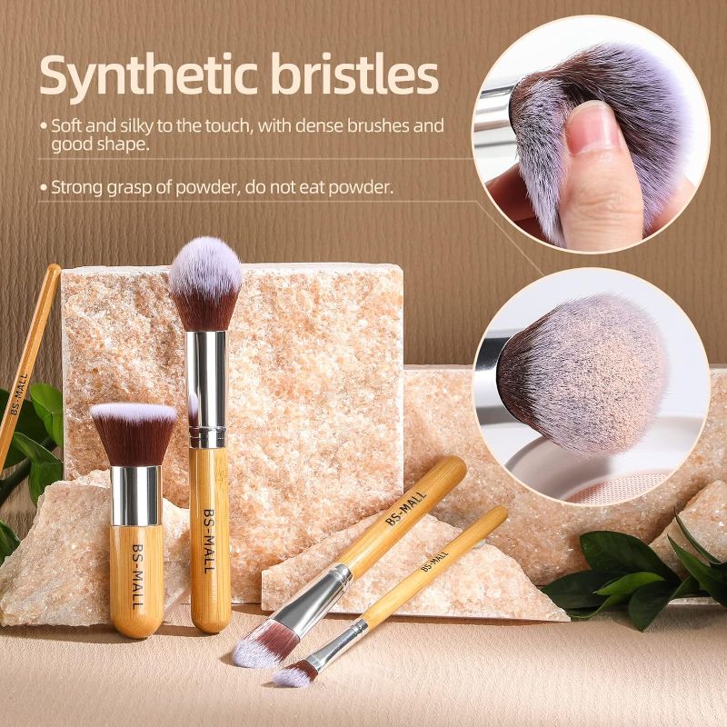 Photo 2 of BS-MALL Makeup Brush Set 11Pcs Bamboo Synthetic Kabuki Brush Set Foundation Powder Blending Concealer Eye shadows Blush Cosmetics Brushes with Organizer Bag & Makeup Sponge
