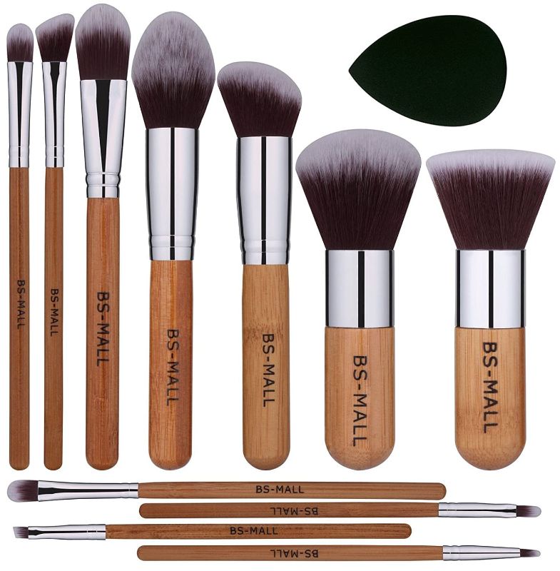 Photo 1 of BS-MALL Makeup Brush Set 11Pcs Bamboo Synthetic Kabuki Brush Set Foundation Powder Blending Concealer Eye shadows Blush Cosmetics Brushes with Organizer Bag & Makeup Sponge
