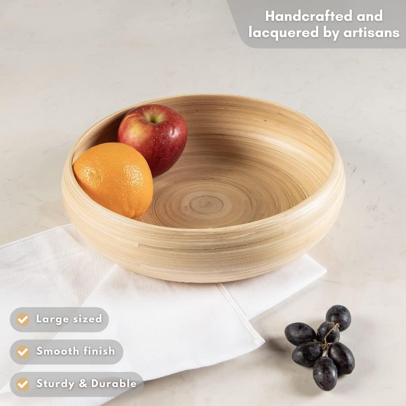 Photo 3 of CLAYNIX Bamboo Fruit Bowl, Decorative Bowl For Kitchen Counter, Large Serving Bowl, Or Fruit Basket For Kitchen (Bamboo)
