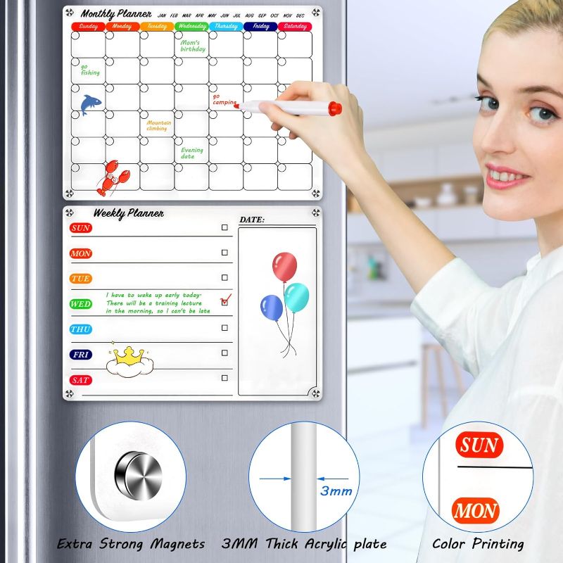 Photo 1 of Magnetic Dry Erase Calendar Whiteboard Set (2-Pack) for Fridge, Wall, and Refrigerator Organization with Monthly and Weekly, Comes with 3 Markers and 1 Erase Towel
