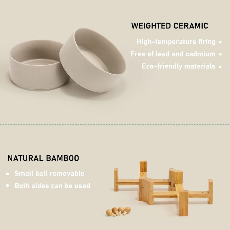 Photo 2 of 15° Slanted Ceramic Dog and Cat Bowl with Wooden Stand, Tilted Bulldog Food and Water Bowl No Slip Non-Spill for Cats Medium Dogs Big Face Pets 28.7 OZ (3.6 Cups, Grey × 2)
