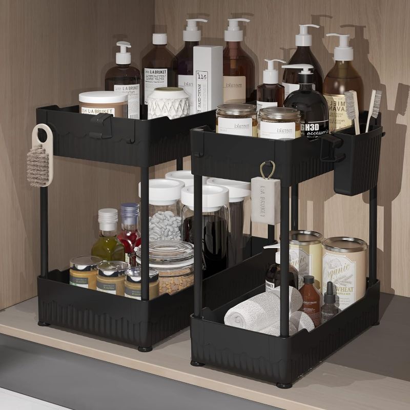 Photo 1 of Sevenblue 2 Pack Under Sink Organizer, Under Bathroom Cabinet Organizer with Hooks Hanging Cup,Multi-Purpose Storage Shelf for Kitchen Bathroom,Black
