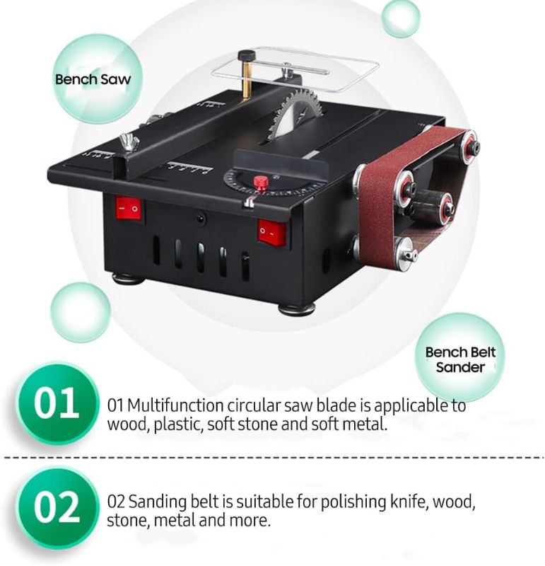 Photo 3 of MXBAOHENG- 150W Mini Bench Saw and Belt Sander with Extension Rod, Collet, Grinding Carving Drilling Kit, Variable Speed Circular Table Saw 30mm Cutting Depth DIY Benchtop Sanding Machine with 1- BOX HAS BEEN OPENED/ MAY BE MISSING PARTS
