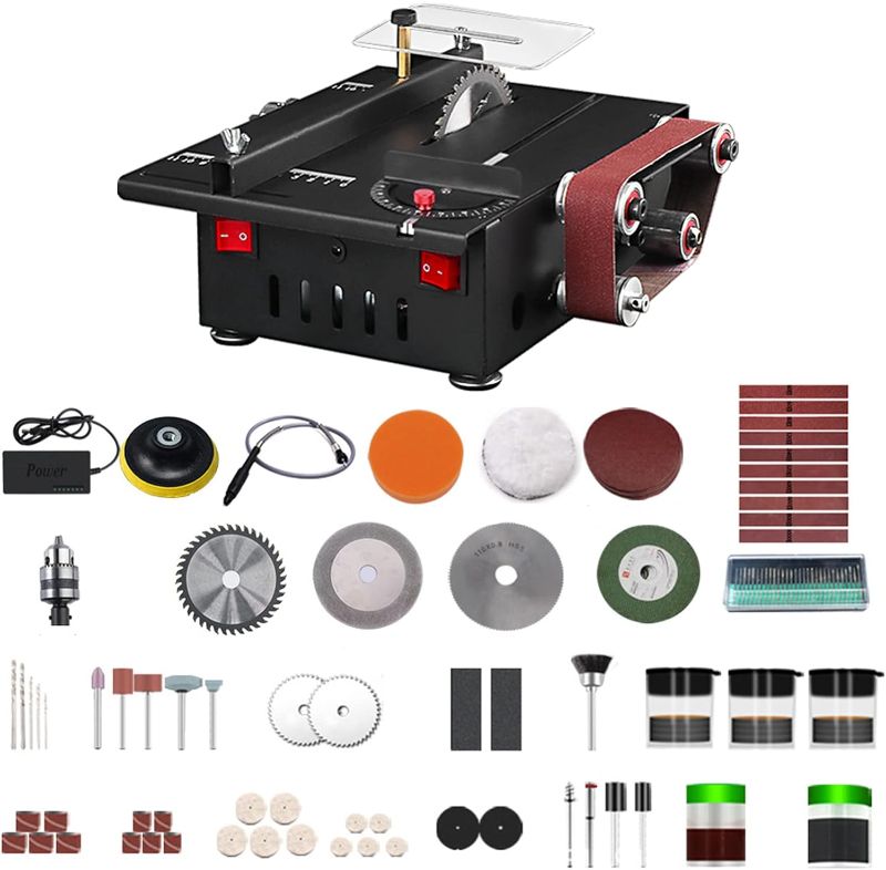 Photo 1 of MXBAOHENG- 150W Mini Bench Saw and Belt Sander with Extension Rod, Collet, Grinding Carving Drilling Kit, Variable Speed Circular Table Saw 30mm Cutting Depth DIY Benchtop Sanding Machine with 1- BOX HAS BEEN OPENED/ MAY BE MISSING PARTS
