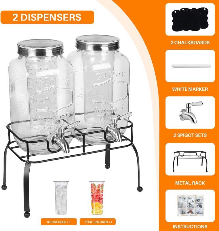 Photo 2 of Drink Dispenser with Stand- Set of 2, 1 Gallon Glass Beverage Dispenser with Stainless Steel Spigot & Lid plus Ice Cylinder and Fruit Infuser, Drink Dispensers for Parties, Laundry Detergent Dispenser
