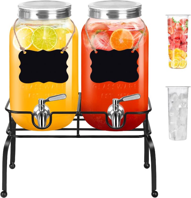 Photo 1 of Drink Dispenser with Stand- Set of 2, 1 Gallon Glass Beverage Dispenser with Stainless Steel Spigot & Lid plus Ice Cylinder and Fruit Infuser, Drink Dispensers for Parties, Laundry Detergent Dispenser
