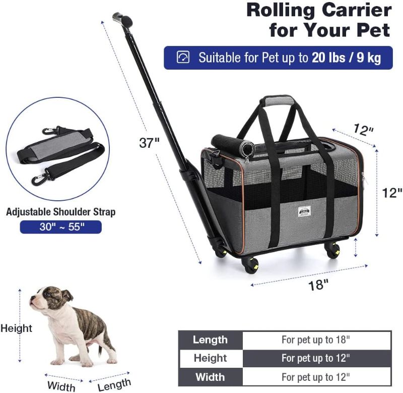 Photo 3 of Lekesky Cat Dog Carrier with Wheels Airline Approved Rolling Pet Carrier with Telescopic Handle and Shoulder Strap, Grey
