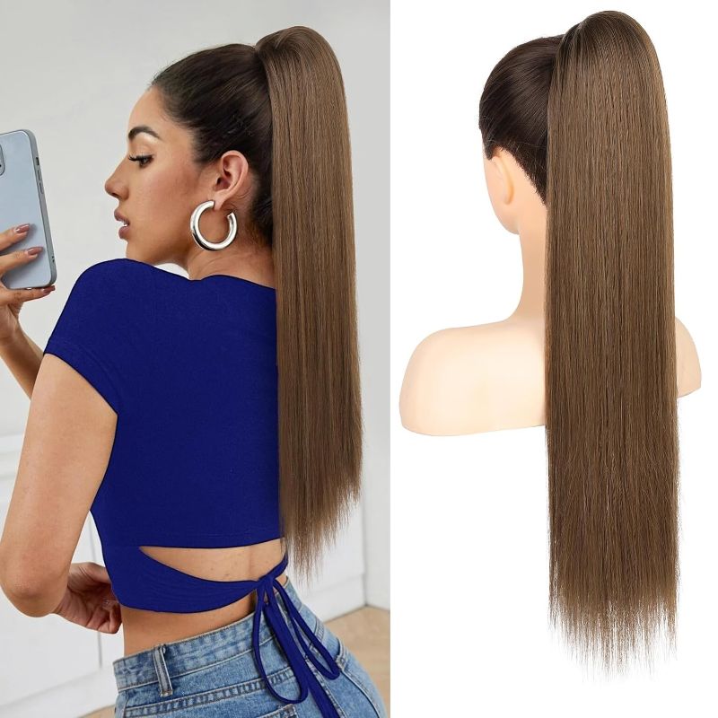 Photo 1 of SEIKEA 28" Ponytail Extensions Drawstring Long Straight Fake Pony Tail Natural Soft Clip in Hair Extension Synthetic Heat Resistant Hairpiece - Medium Auburn
