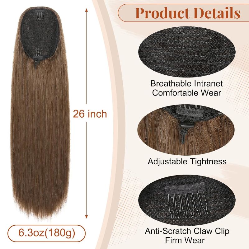 Photo 3 of SEIKEA 28" Ponytail Extensions Drawstring Long Straight Fake Pony Tail Natural Soft Clip in Hair Extension Synthetic Heat Resistant Hairpiece - Medium Auburn
