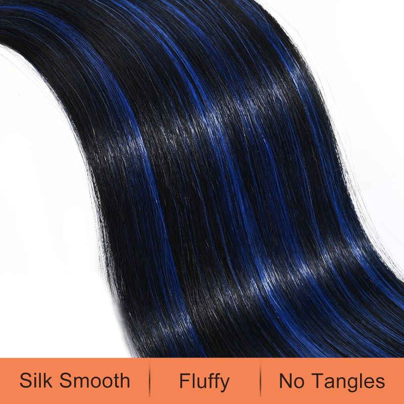 Photo 2 of SEIKEA Ponytail Extensions Drawstring Long Straight Fake Pony Tail Natural Soft Clip in Hair Extension Synthetic Heat Resistant Hairpiece 28 Inch Natural Black with Blue Highlights
