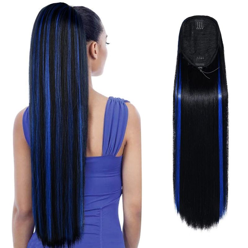 Photo 1 of SEIKEA Ponytail Extensions Drawstring Long Straight Fake Pony Tail Natural Soft Clip in Hair Extension Synthetic Heat Resistant Hairpiece 28 Inch Natural Black with Blue Highlights
