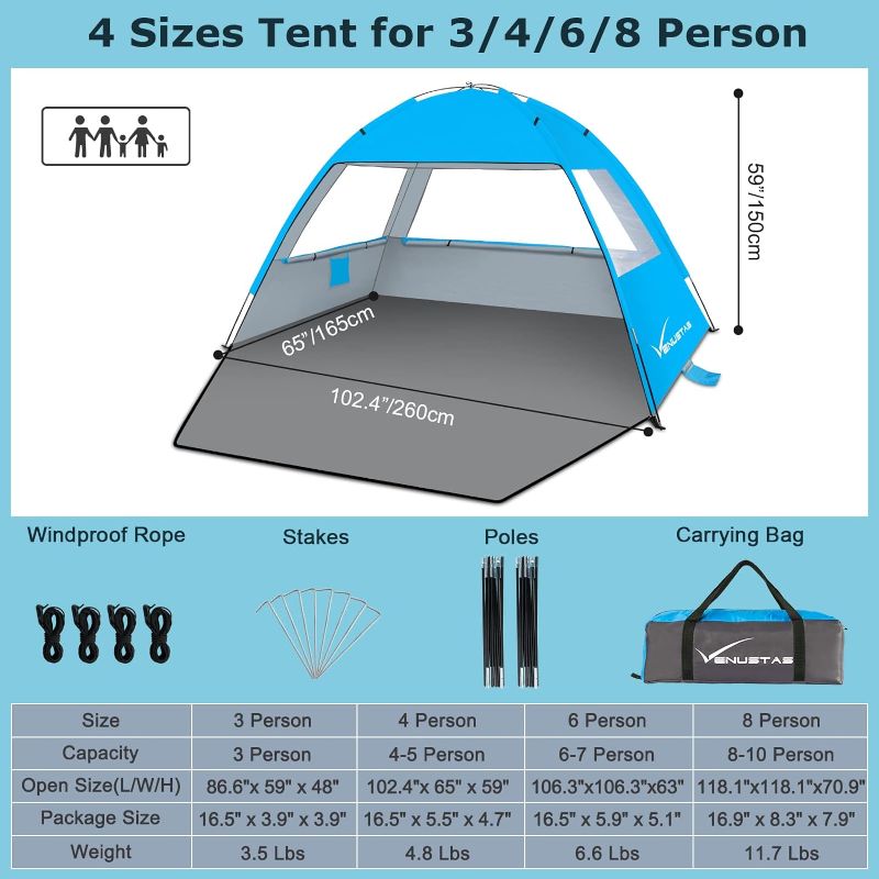 Photo 2 of Venustas Beach Tent Sun Shelter for 3/4-5/6-7/8-10 Person, UPF 50+ UV Protection Beach Canopy, Lightweight and Easy Setup-ITEM IS NEW BUT MAY BE MISSING PARTS
