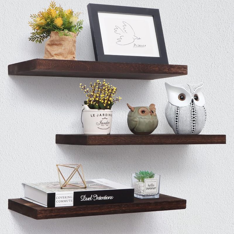 Photo 1 of Marsmiles Floating Shelves, 17 Inch Wall Shelf Set of 3, Rustic Wood Shelves for Wall Storage, Wall Mounted Wooden Display Shelf for Bathroom Bedroom Kitchen Garage, Rustic Brown
