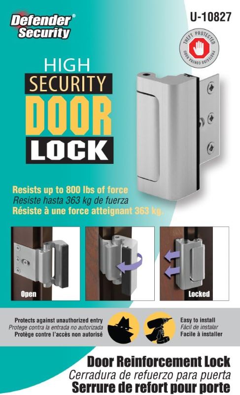 Photo 2 of Defender Security U 10827 Door Reinforcement Lock – Add Extra, High Security to your Home and Prevent Unauthorized Entry – 3 In. Stop, Aluminum Construction, Satin Nickel (Single Pack)
