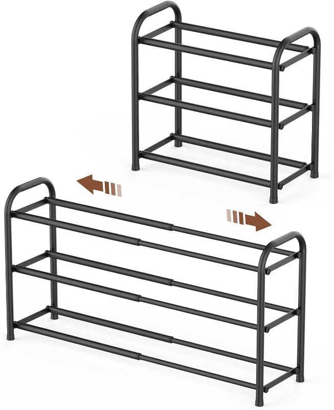 Photo 1 of Gonfoam 3-Tier Expandable Shoe Rack,Adjustable Shoe Shelf Storage Organizer Heavy Duty Metal Free Standing Shoe Rack for Entryway Closet Doorway (Black)-ITEM IS NEW BUT MAY BE MISSING PARTS
