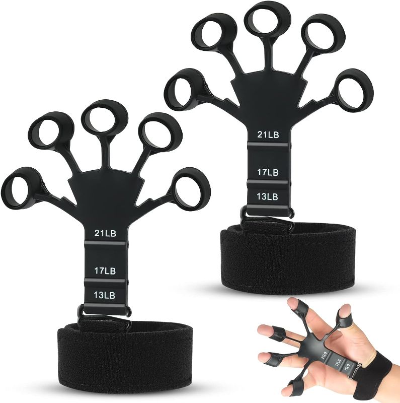 Photo 1 of 4 pcs Black Grey Finger Grip Strength Trainer Adjustable Grip Strengtheners for Hand Training Guitar Exerciser Hand Muscle Building Finger Arthritis Therapys Recovery Relieve Pain-ONE WRISTBAND HAS MINOR TEAR