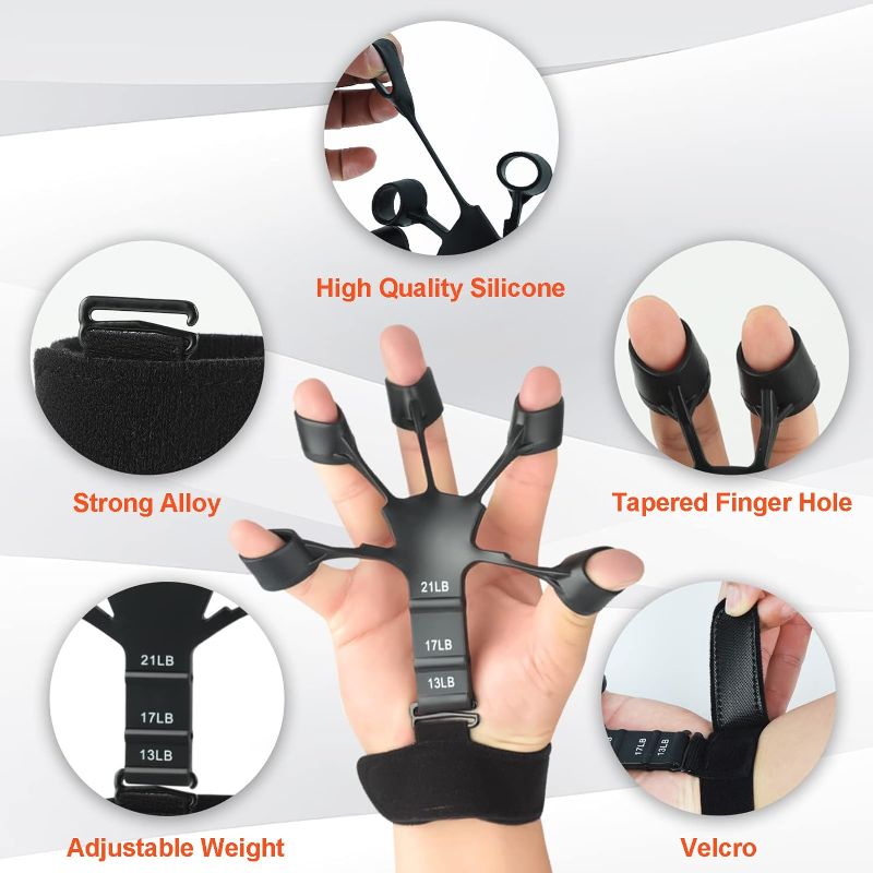 Photo 2 of 4 pcs Black Grey Finger Grip Strength Trainer Adjustable Grip Strengtheners for Hand Training Guitar Exerciser Hand Muscle Building Finger Arthritis Therapys Recovery Relieve Pain-ONE WRISTBAND HAS MINOR TEAR