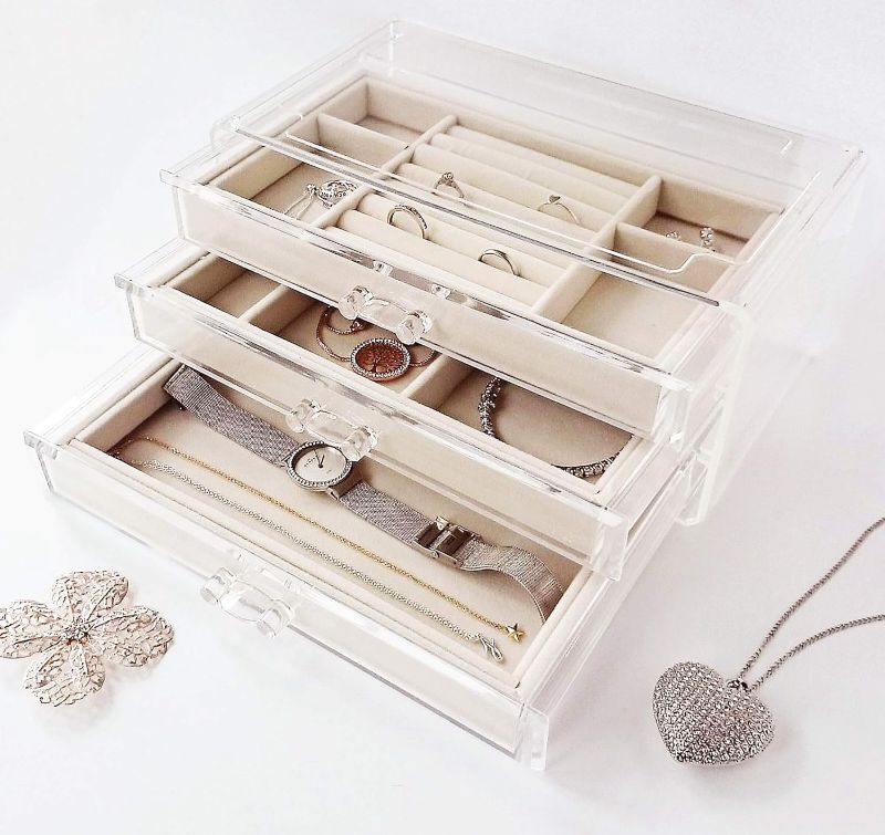 Photo 2 of HerFav Acrylic Jewelry Organizer Box with 3 Drawers, Clear Jewelry Boxes for Women Earring Rings Bangle Bracelet and Necklace Holder Storage Velvet Jewelry...
