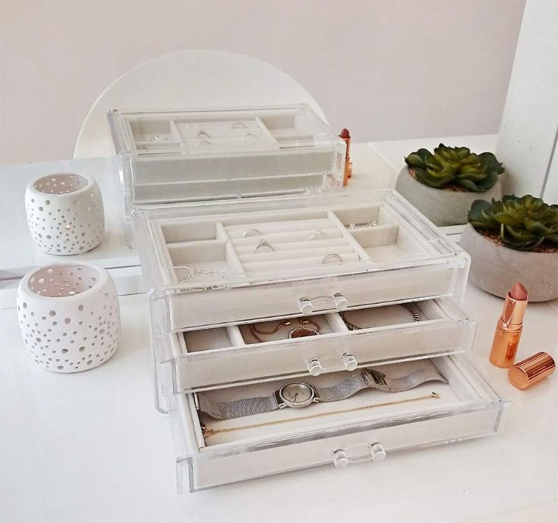 Photo 1 of HerFav Acrylic Jewelry Organizer Box with 3 Drawers, Clear Jewelry Boxes for Women Earring Rings Bangle Bracelet and Necklace Holder Storage Velvet Jewelry...
