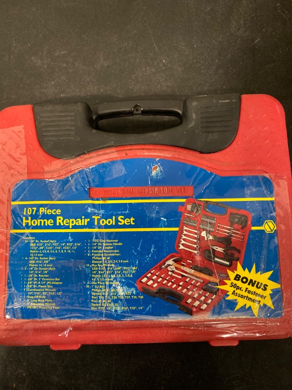 Photo 1 of 107 Piece Home Repair Tool Set,General Household Hand Tool Kit with Plastic Tool Box Storage- ITEM IS USED /MISSING PARTS


