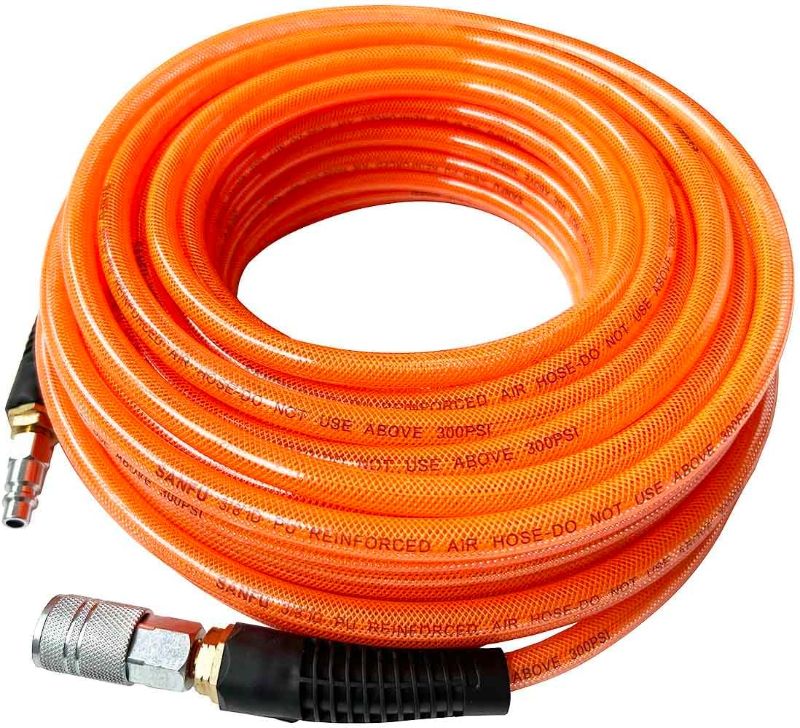 Photo 1 of SANFU Polyurethane(PU) Reinforced 3/8”ID x 100ft Air Hose, Reassembled, Wear Resistant 300PSI with 3/8” Repaired Industrial Quick Coupler and Plug, Bend Restrictor, Orange-ITEM IS USED / MAY BE MISSING PARTS
