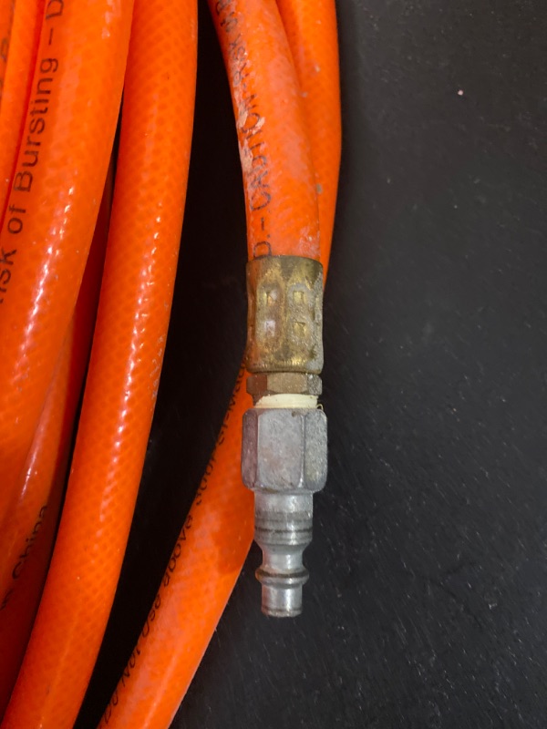 Photo 4 of SANFU Polyurethane(PU) Reinforced 3/8”ID x 100ft Air Hose, Reassembled, Wear Resistant 300PSI with 3/8” Repaired Industrial Quick Coupler and Plug, Bend Restrictor, Orange-ITEM IS USED / MAY BE MISSING PARTS
