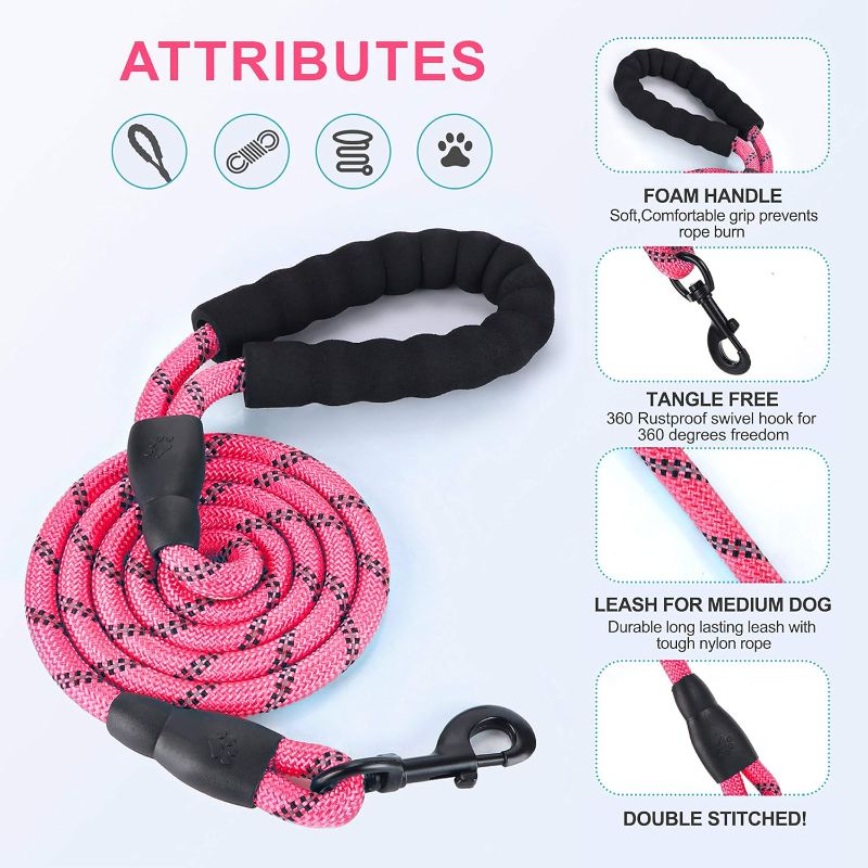 Photo 2 of JENICO- Strong Dog Leash 5ft 1/2in Strong Pink Dog Leash for Large Dogs & Medium Size Dogs - Highly Reflective Heavy Duty Dog Rope Leash with Soft Padded Anti-Slip...