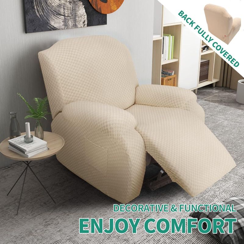 Photo 2 of YEMYHOM 4 Pieces Stretch Recliner Slipcover Latest Jacquard Recliner Chair Cover with Side Pocket Anti-Slip Fitted Recliner Cover Couch Furniture Protector with Elastic Bottom (Recliner, Beige)- ITEM MAY BE USED 

