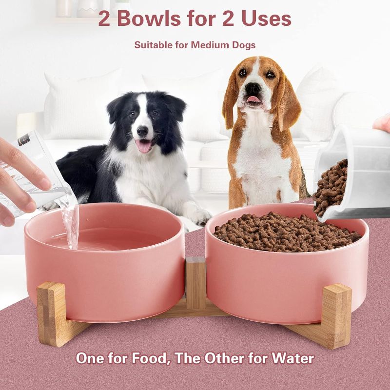 Photo 2 of Ihoming Dog Bowls, Cats Ceramic Food and Water Bowls Set, 3.5 Cups X 2, Indoors Pink Pet Bowls with Wood Stand
