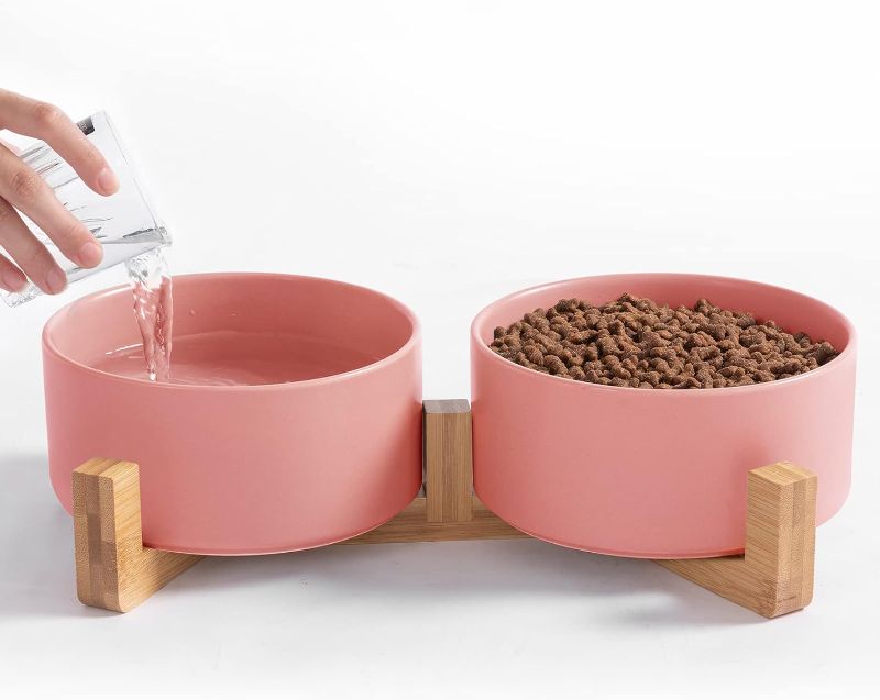 Photo 1 of Ihoming Dog Bowls, Cats Ceramic Food and Water Bowls Set, 3.5 Cups X 2, Indoors Pink Pet Bowls with Wood Stand
