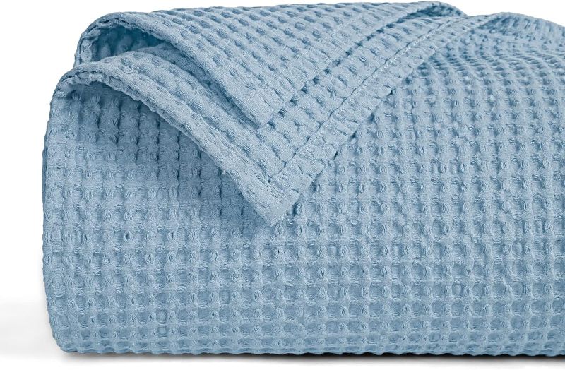 Photo 1 of PHF 100% Cotton Waffle Weave Blanket Twin Size 66"x90"-Lightweight Washed Soft Breathable Blanket for All Season-Perfect Blanket Layer for Couch Bed Sofa-Elegant Home Decoration-Dusty Blue
