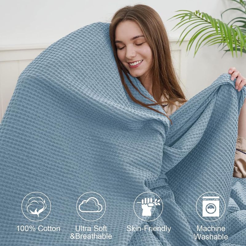 Photo 2 of PHF 100% Cotton Waffle Weave Blanket Twin Size 66"x90"-Lightweight Washed Soft Breathable Blanket for All Season-Perfect Blanket Layer for Couch Bed Sofa-Elegant Home Decoration-Dusty Blue
