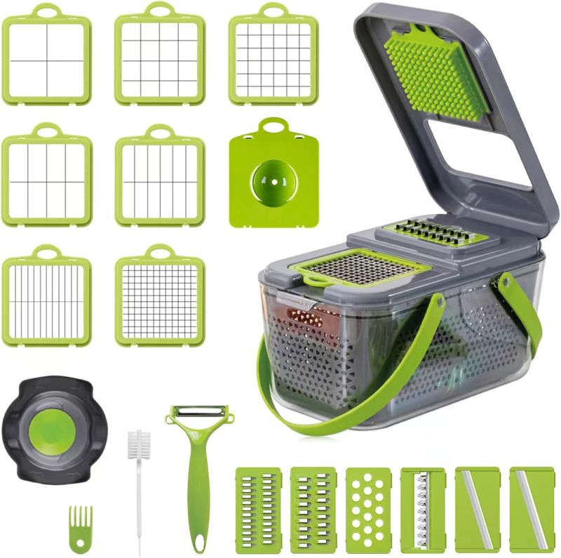 Photo 1 of Vegetable Chopper 22 in 1 Multifunctional Food Chopper Grater Onion Dicer Veggie Cutter with 13 Stainless Steel Blades Adjustable Fruit Slicer Vegetable Cutter with Drain Basket and -ITEM IS NEW BUT MAY BE MISSING PARTS