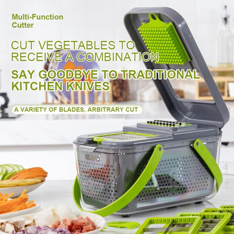 Photo 2 of Vegetable Chopper 22 in 1 Multifunctional Food Chopper Grater Onion Dicer Veggie Cutter with 13 Stainless Steel Blades Adjustable Fruit Slicer Vegetable Cutter with Drain Basket and -ITEM IS NEW BUT MAY BE MISSING PARTS