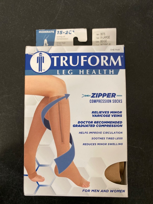 Photo 4 of TRUFORM-  Zipper Compression Stockings, 15-20 mmHg Medical Socks, Women and Men, Knee High, Open Toe, Beige, X-Large