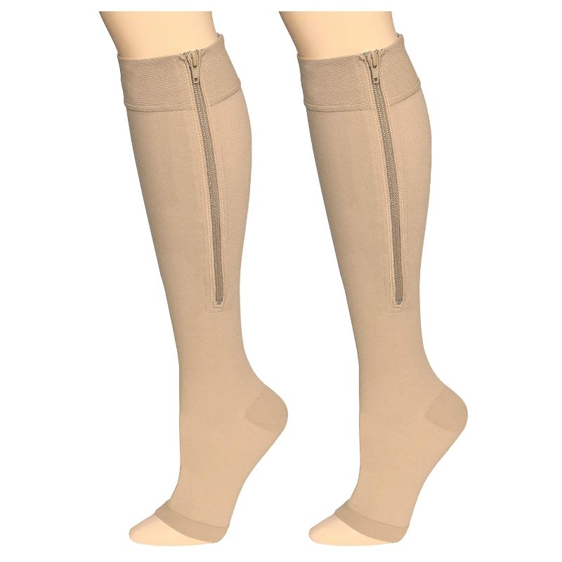 Photo 1 of TRUFORM-  Zipper Compression Stockings, 15-20 mmHg Medical Socks, Women and Men, Knee High, Open Toe, Beige, X-Large