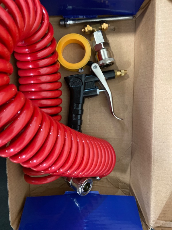 Photo 2 of iBroPrat Air Blow Gun Kit,Heavy Duty Air Seat Blow Gun Kit for Semi Truck Air Hose with 30FT (9M) Long Coil and Extended Dual Head Tire Air Chuck Red-ITEM IS NEW BUT MAY BE MISSING PARTS
