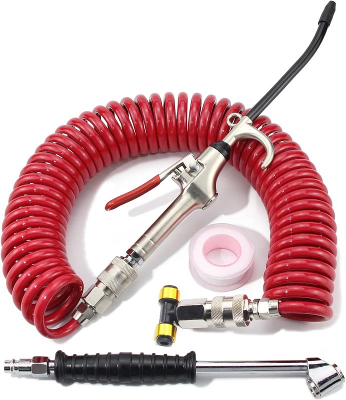 Photo 1 of iBroPrat Air Blow Gun Kit,Heavy Duty Air Seat Blow Gun Kit for Semi Truck Air Hose with 30FT (9M) Long Coil and Extended Dual Head Tire Air Chuck Red-ITEM IS NEW BUT MAY BE MISSING PARTS

