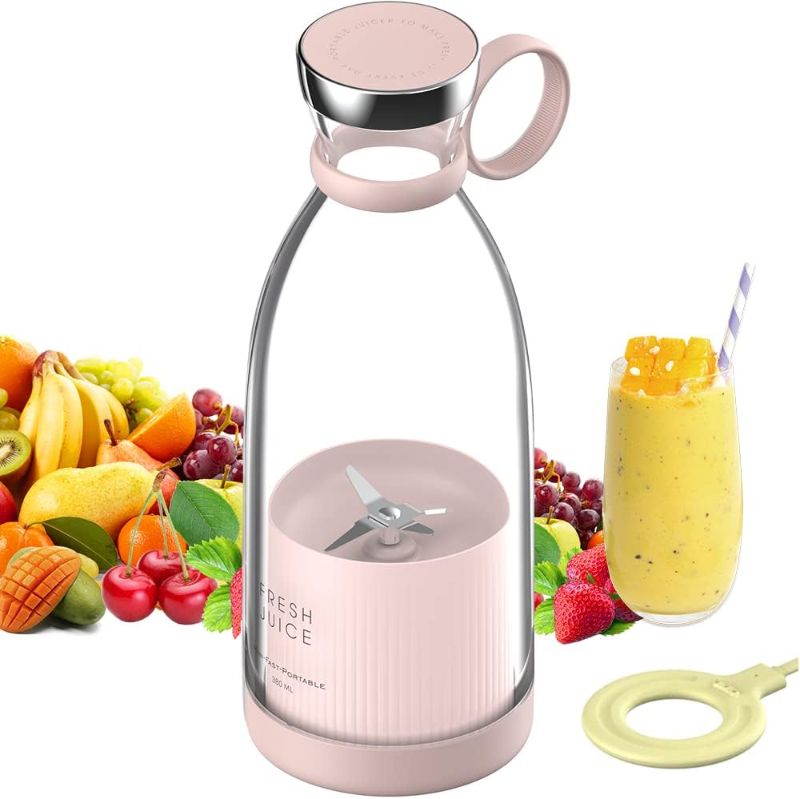Photo 1 of JUMBLE ELITE- Personal Size Blender, Portable Blender, Mini Home Wireless Charging Student Blender, Four Blades Personal Size Blender Travel Bottle for with sponge cleaning brush (Pink)
