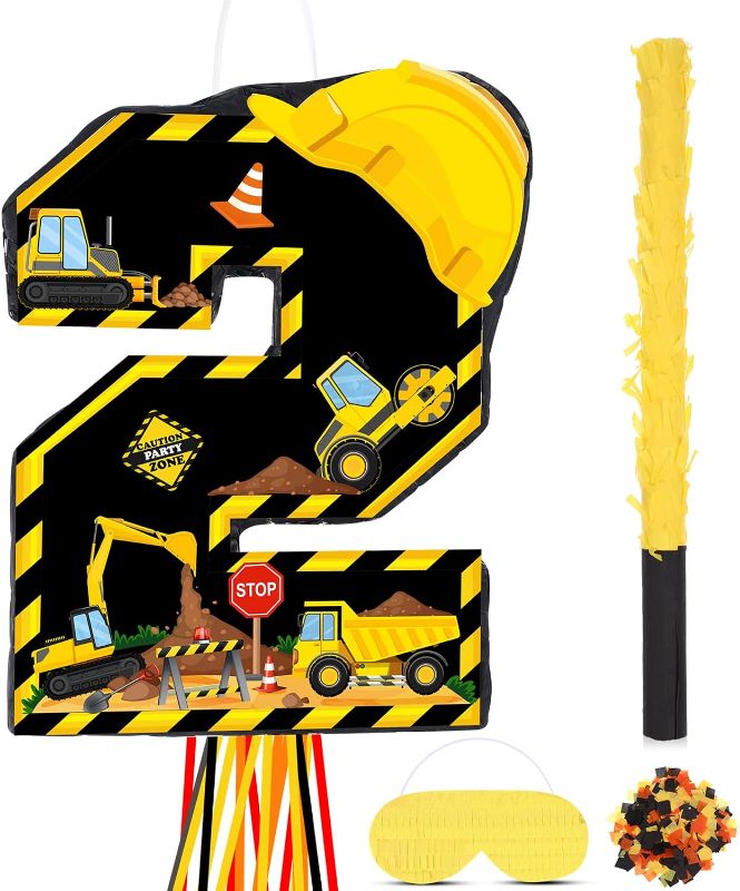 Photo 1 of Small Number 2 Construction Pinata Pull String Dump Truck Two Pinata Tractor Excavator Pinata with Blindfold Stick Confetti for Boys Kids Construction Themed 2nd Birthday Decorations Party Supplies
