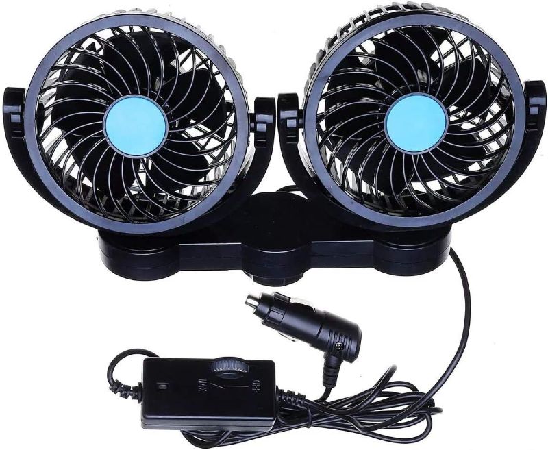 Photo 1 of EXCOUP- Car Cooling Air Fan 12V 12V Dual Head Car Auto Electric Cooling Air Fan for Rear Seat (Black 1 pack)-ITEM IS NEW BUT MAY BE MISSING PARTS
