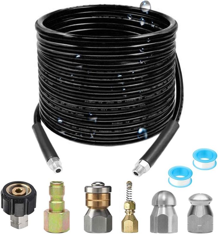 Photo 1 of Selkie Pressure Washer Sewer Jetter Kit - 100Ft Hydro Drain Jetter Cleaner Hose, Corner, Rotating and Button Nose Sewer Jetting Nozzle Waterproof Tape,Orifice 4.0 4.5,1/4 Inch NPT,5800 PSI-    ITEM IS NEW BUT MAY BE MISSING PARTS
