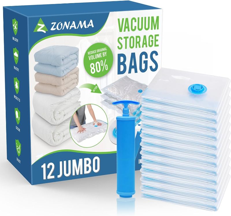 Photo 1 of BNBS 12 Pack Vacuum storage bags,Space Saver for Travel, Jumbo Space Bags for Comforters and Blankets,for Beding,Cothes vacuum Sealer Bags-ITEM IS NEW BUT MAY BE MISSING PARTS

