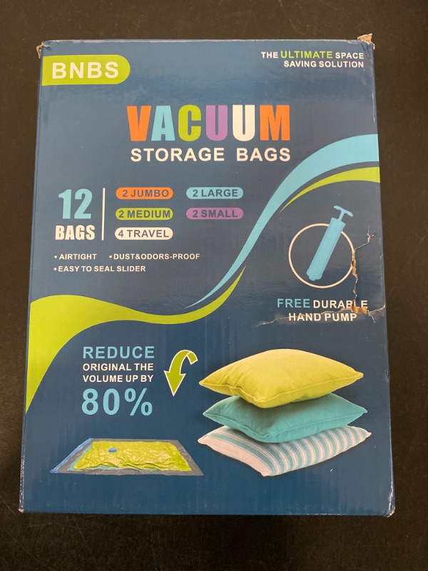 Photo 2 of BNBS 12 Pack Vacuum storage bags,Space Saver for Travel, Jumbo Space Bags for Comforters and Blankets,for Beding,Cothes vacuum Sealer Bags-ITEM IS NEW BUT MAY BE MISSING PARTS

