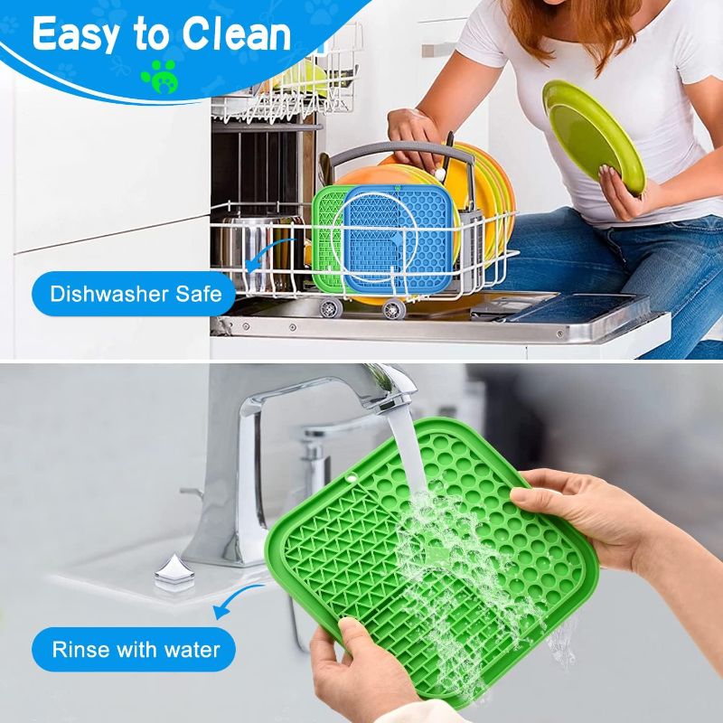 Photo 1 of Lick Mat for Dogs, CIICII 3Pcs Dog Slow Feeder Licking Mat with Suction Cups (Green Dog Lick Mat + Blue Lick Mat for Cats + Orange Spatula) for Dog Treats & Cat Food (Anti-Slip, Food Grade Silicone)
