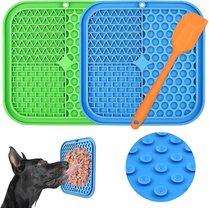 Photo 1 of Lick Mat for Dogs, CIICII 3Pcs Dog Slow Feeder Licking Mat with Suction Cups (Green Dog Lick Mat + Blue Lick Mat for Cats + Orange Spatula) for Dog Treats & Cat Food (Anti-Slip, Food Grade Silicone)
