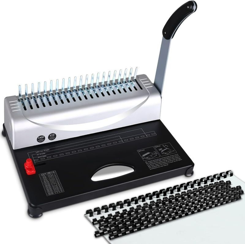 Photo 1 of MAKEASY Binding Machine, 21-Hole, 450 Sheets, Book Binding Machines with 100PCS 3/8'' Comb Bindings Spines, Comb Binding Machine for Letter Size, A4, A5 or Smaller Sizes-ITEM IS NEW BUT  MAY BE MISSING PARTS
