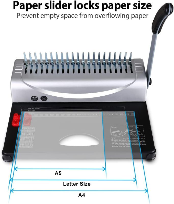 Photo 3 of MAKEASY Binding Machine, 21-Hole, 450 Sheets, Book Binding Machines with 100PCS 3/8'' Comb Bindings Spines, Comb Binding Machine for Letter Size, A4, A5 or Smaller Sizes-ITEM IS NEW BUT  MAY BE MISSING PARTS
